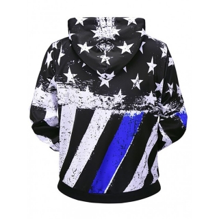 Stars And Stripes Print Pouch Pocket Loose Hoodie Black